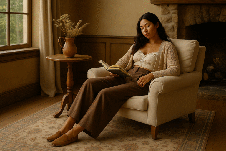 A serene young woman in a French country chateau sits peacefully in a beige armchair, wearing wide-leg Hollywood trousers, a lace-knit cardigan, and a cotton choli, reading a book surrounded by warm wood tones and a rustic stone fireplace.