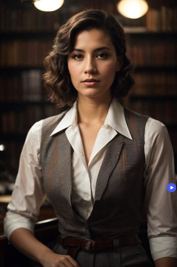 Confident young woman with short wavy hair wearing a tailored vest and crisp white shirt, standing in front of antique bookshelves in a warmly lit study, representing timeless personal style and sartorial authenticity.