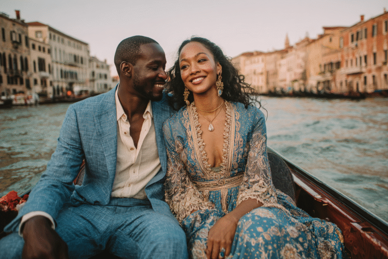 Stylish Black couple in elegant attire smiling together on a gondola in Venice, Italy, wearing coordinated formal outfits with rich textures and gold embellishments.