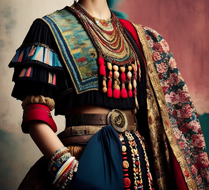 A woman wearing an ornate, multicultural ensemble with layered textiles, embroidered motifs, vintage belts, and handcrafted jewelry—symbolizing ethical fashion rooted in cultural heritage and personal storytelling.